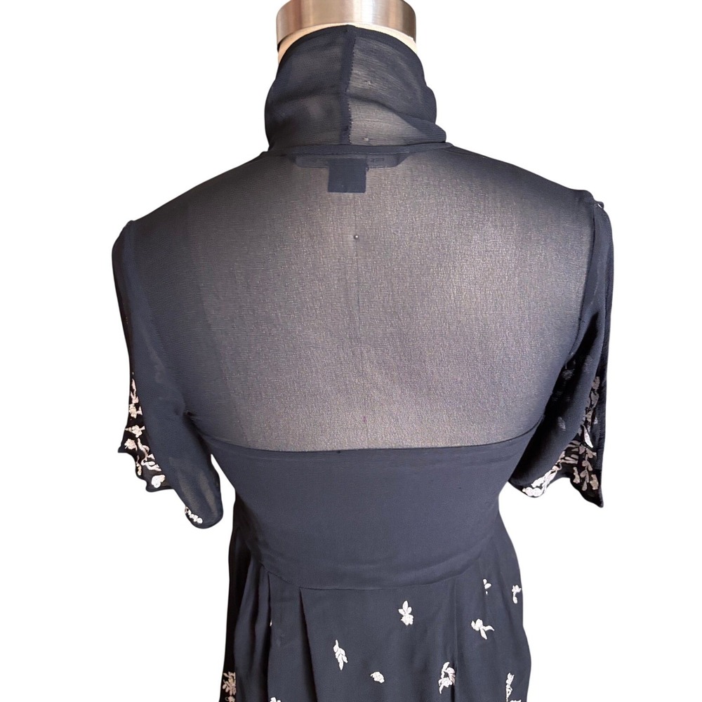 French Connection Dress S Black Dark Romance Coquette Embroidered Tie Neck Mesh - Picture 6 of 8